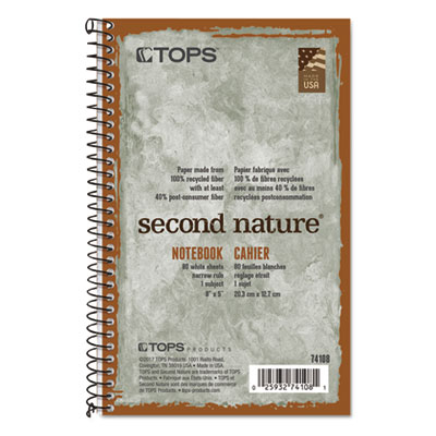 TOPS Second Nature Subject Wirebound Notebook, Narrow, 8 x 5, White, 80 Sheets TOP74108