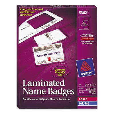 Avery Self-Laminating Laser/Inkjet Printer Badges, 2 1/4 x 3 1/2, White, 30/Box AVE5362
