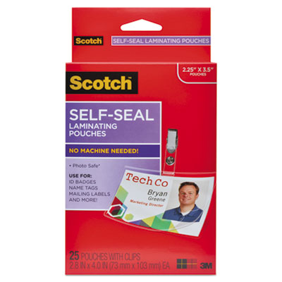 Scotch Self-Sealing Laminating Pouches, 12.5 mil, 2.31" x 4.06", Gloss Clear, 25/Pack MMMLS852G
