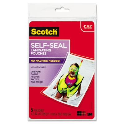 Scotch Self-Sealing Laminating Pouches, 9.5 mil, 4.38" x 6.38", Gloss Clear, 5/Pack MMMPL900G