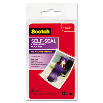 Scotch Self-Sealing Laminating Pouches, 9.5 mil, 2.81" x 3.75", Gloss Clear, 5/Pack MMMPL903G