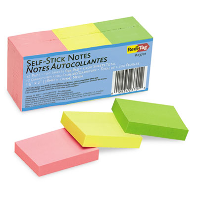 Redi-Tag Self-Stick Notes, 1 1/2 x 2, Neon, 12 100-Sheet Pads/Pack RTG23701