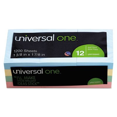 UNV35663 Self-Stick Notes, 1-1/2 x 2, Assorted Pastel Colors, 100-Sheet, 12/Pack UNV35663