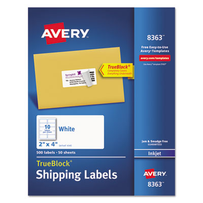 Avery Shipping Labels w/ TrueBlock Technology, Inkjet Printers, 2 x 4, White, 10/Sheet, 50 Sheets/Box AVE8363