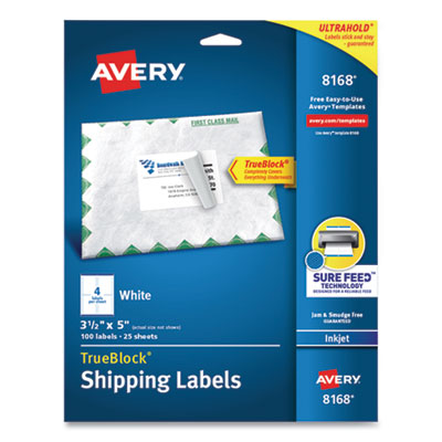 Avery Shipping Labels w/ TrueBlock Technology, Inkjet Printers, 3.5 x 5, White, 4/Sheet, 25 Sheets/Pack AVE8168