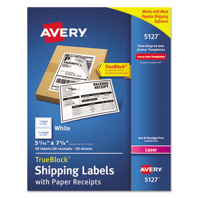 Avery Shipping Labels with Paper Receipt and TrueBlock Technology, Inkjet/Laser Printers, 5.06 x 7.63, White, 50/Pack