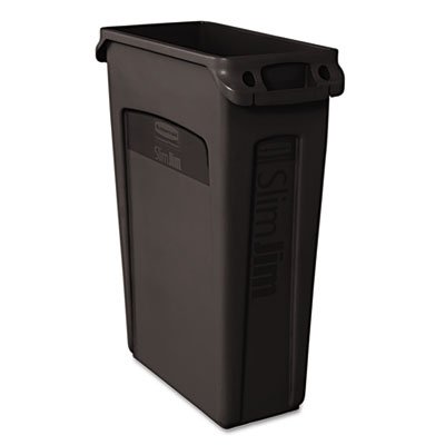 Rubbermaid Commercial Slim Jim Receptacle w/Venting Channels, Rectangular, Plastic, 23gal, Black RCP354060BK