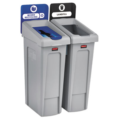 Rubbermaid Commercial Slim Jim Recycling Station Kit, 46 gal, 2-Stream Landfill/Mixed Recycling RCP2007914