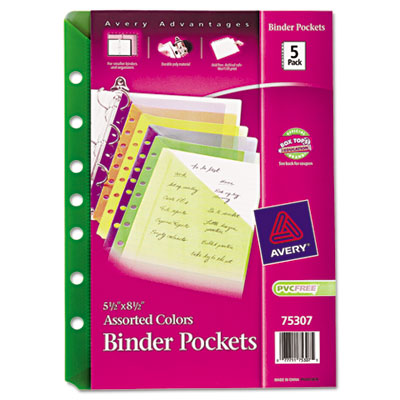 Avery Small Binder Pockets, Standard, 7-Hole Punched, Assorted, 5 1/2 x 9 1/4, 5/Pack AVE75307