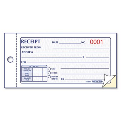 Rediform Small Money Receipt Book, 5 x 2 3/4, Carbonless Duplicate, 50 Sets/Book RED8L820