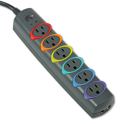 Kensington K62147NA SmartSockets Color-Coded Strip Surge Protector, 6 Outlets, 7 ft Cord, 945 Joules KMW62147