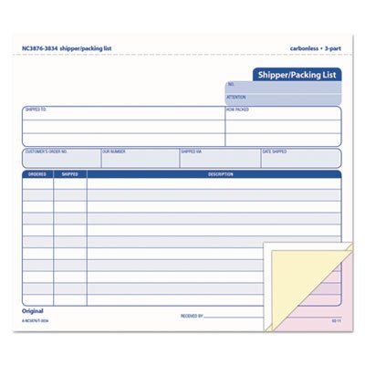TOPS Snap-Off Shipper/Packing List, 8 1/2 x 7, Three-Part Carbonless, 50 Forms TOP3834