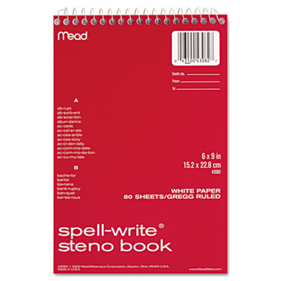 Mead Spell-Write Wirebound Steno Book, Gregg Rule, 6 x 9, White, 80 Sheets MEA43082