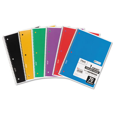 Mead Spiral Notebook, 1 Subject, Medium/College Rule, Assorted Color Covers, 10.5 x 7.5, 70 Sheets MEA05512