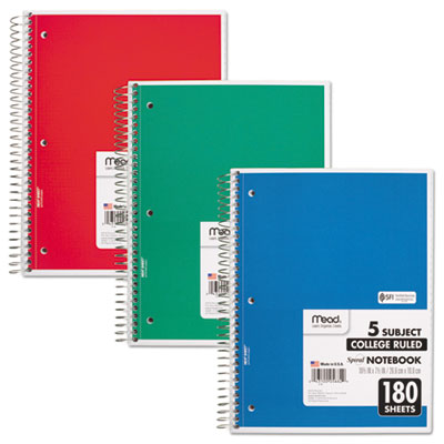 Mead Spiral Notebook, 5 Subjects, Medium/College Rule, Assorted Color Covers, 10.5 x 8, 180 Sheets MEA05682