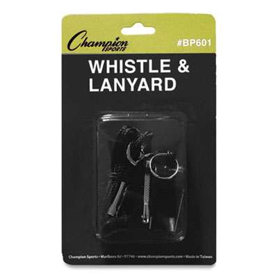 Champion Sports Sports Whistle with Black Nylon Lanyard, Plastic, Black CSIBP601