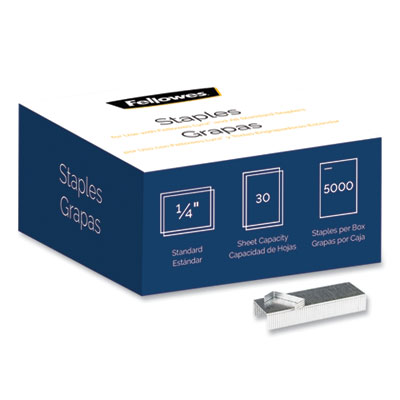 Fellowes Standard 0.25" Full Strip Staples, 0.25" Leg, 0.5" Crown, Steel, 5,000/Pack FEL5009501