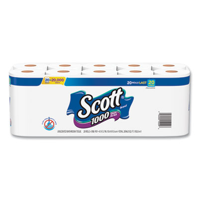 Scott KCC 20032 Standard Roll Bathroom Tissue, Septic Safe, 1-Ply, White, 20/Pack, 2 Packs/Carton KCC20032CT