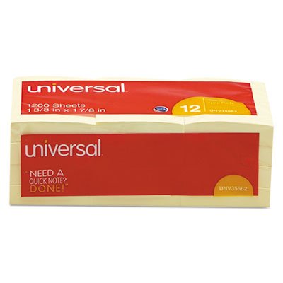 UNV35662 Standard Self-Stick Notes, 1 1/2 x 2, Yellow, 12 100-Sheet/Pack UNV35662