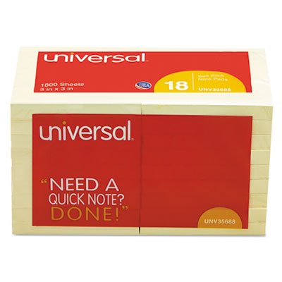 UNV35688 Standard Self-Stick Notes, 3 x 3, Yellow, 100-Sheet, 18/Pack UNV35688