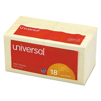 UNV35668 Standard Self-Stick Notes, 3 x 3, Yellow, 100-Sheet, 12/Pack UNV35668