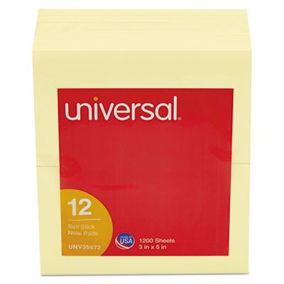 UNV35672 Standard Self-Stick Notes, 3 x 5, Yellow, 100-Sheet, 12/Pack UNV35672