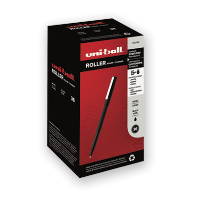 Uni-Ball Stick Roller Ball Pen, Micro 0.5mm, Black Ink, Black Matte Barrel, 36/Pack UBC1921065