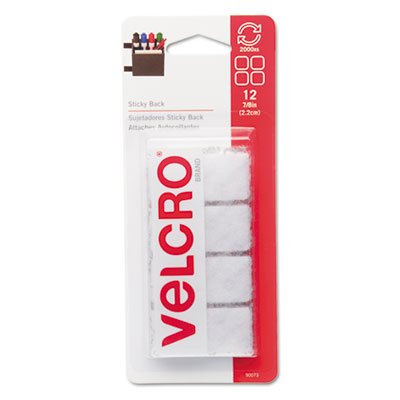Velcro Sticky-Back Hook and Loop Square Fasteners on Strips, 7/8", White, 12 Sets/Pack VEK90073