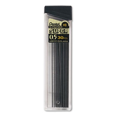 Pentel C25HB Super Hi-Polymer Lead Refills, 0.5mm, HB, Black, 30/Tube PENC25HB