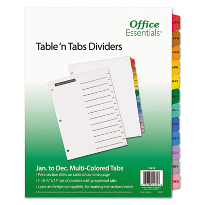 Office Essentials Table 'n Tabs Dividers, 12-Tab, Jan. to Dec., 11 x 8.5, White, 1 Set AVE11679