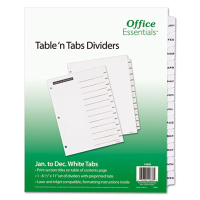 Office Essentials Table 'n Tabs Dividers, 12-Tab, Jan. to Dec., 11 x 8.5, White, 1 Set AVE11678