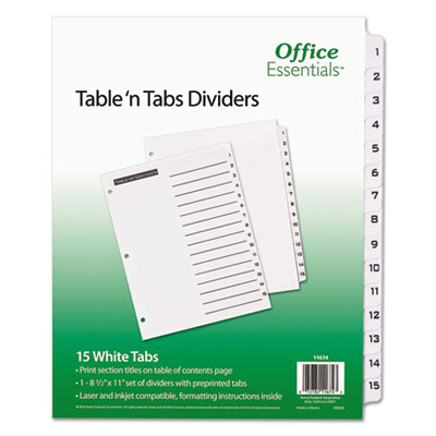 Office Essentials Table 'n Tabs Dividers, 15-Tab, 1 to 15, 11 x 8.5, White, 1 Set AVE11674