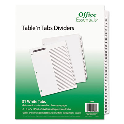 Office Essentials Table 'n Tabs Dividers, 31-Tab, 1 to 31, 11 x 8.5, White, 1 Set AVE11680