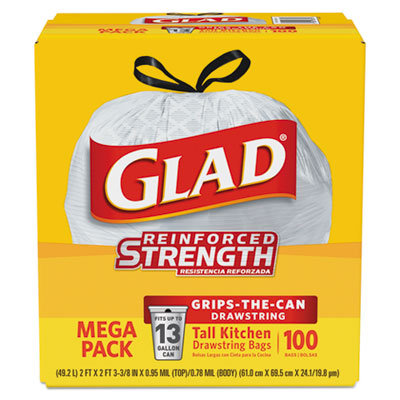 Glad Tall Kitchen Drawstring Trash Bags, 13 gal, 0.95 mil, 24" x 27.38", White, 100/Box CLO78526