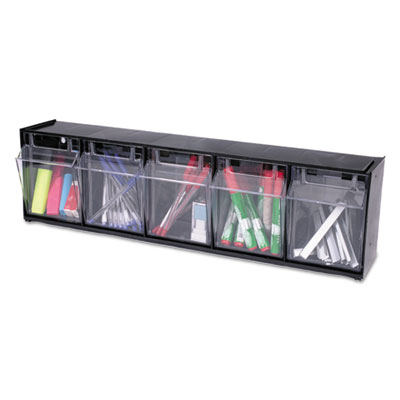 deflecto Tilt Bin Interlocking Multi-Bin Storage Organizer, 5 Sections, 23.63" x 5.25" x 6.5", Black/Clear