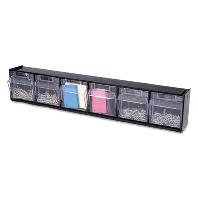 deflecto Tilt Bin Interlocking Multi-Bin Storage Organizer, 6 Sections, 23.63" x 3.63" x 4.5", Black/Clear