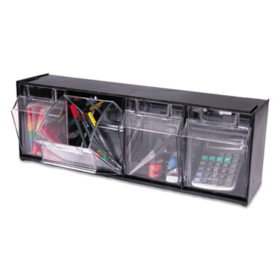 deflecto Tilt Bin Interlocking Multi-Bin Storage Organizer, 4 Sections, 23.63" x 6.63" x 8.13", Black/Clear