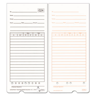 Acroprint 09-9115-000 Time Card for ATR480 Totalizing Electronic Time Clock, 7 1/2 x 3.35, 50 per