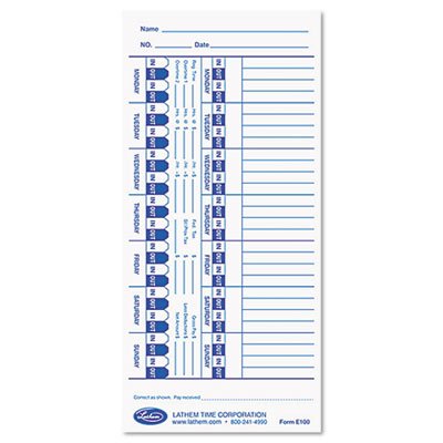 Lathem Time Time Card for Lathem Models 900E/1000E/1500E/5000E, White, 100/Pack LTHE100