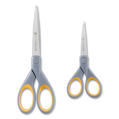 Westcott Titanium Bonded Scissors, 5" and 7" Long, 2.25" and 3.5" Cut Lengths, Gray/Yellow Straight Handles, 2