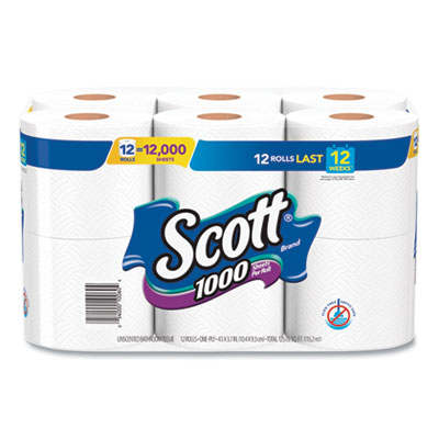 Scott Toilet Paper, Septic Safe, 1-Ply, White, 1000 Sheets/Roll, 12 Rolls/Pack, 4 Pack/Carton KCC10060