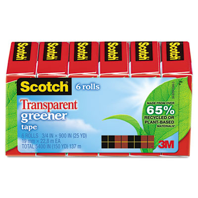 Scotch 612-6P Transparent Greener Tape, 3/4" x 900", 1" Core, 6/Pack MMM6126P