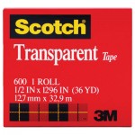 Scotch Transparent Tape, 1/2" x 1296", 1" Core, Clear MMM600121296