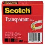 Scotch Transparent Tape 600 2P12 72, 1/2" x 2592", 3" Core, Transparent, 2/Pack MMM6002P1272