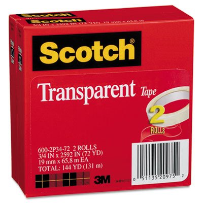 Scotch Transparent Tape 600 2P34 72, 3/4" x 2592", 3" Core, Transparent, 2/Pack MMM6002P3472