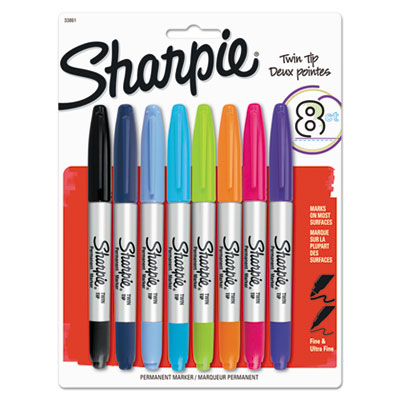 Sharpie Twin-Tip Permanent Marker, Fine/Extra-Fine Bullet Tip, Assorted Colors, 8/Set SAN33861PP