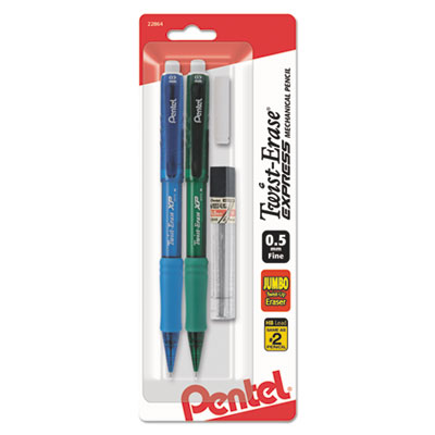 Pentel Twist-Erase EXPRESS Mechanical Pencil Refill Pack, 0.5 mm, HB (#2.5), Black Lead, Assorted Barrel Colors, 2