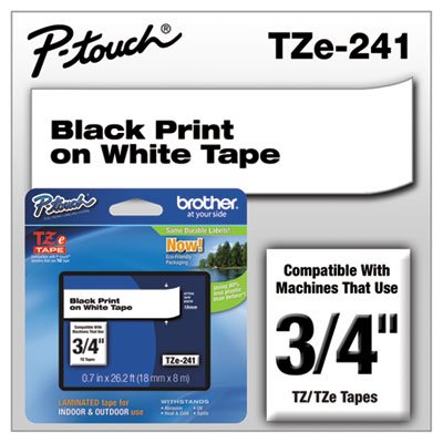 Brother P-Touch TZe Standard Adhesive Laminated Labeling Tape, 3/4w, Black on White BRTTZE241