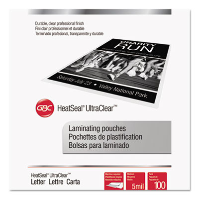 GBC 3200654B UltraClear Thermal Laminating Pouches, 5 mil, 9" x 11.5", Gloss Clear, 100/Box GBC3200654