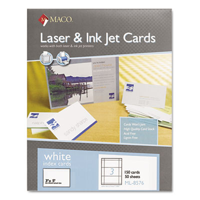 Maco MML-8576 Unruled Microperforated Laser/Ink Jet Index Cards, 3 x 5, White, 150/Box MACML8576